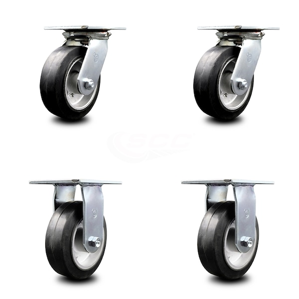 6 Inch Rubber on Aluminum Caster Set with Roller Bearings 2 Swivel 2 Rigid SCC